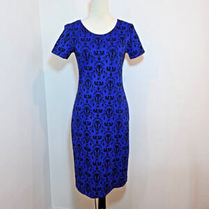 Vintage Royal Blue Black Velvet Flocked Damask Regencycore Dress Bodycon SZ S